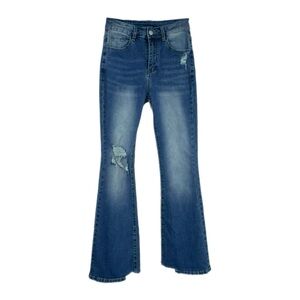 Women’s Distressed High Rise Flare Leg Stretch Denim Jeans